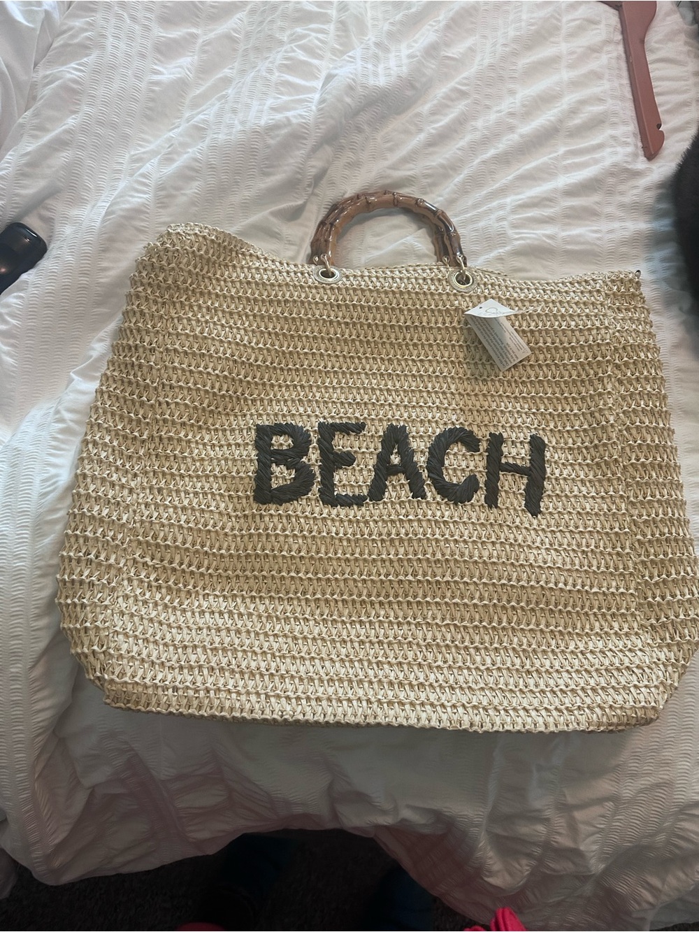 BEACH Straw Tote Bag with Bamboo Handles - Natural